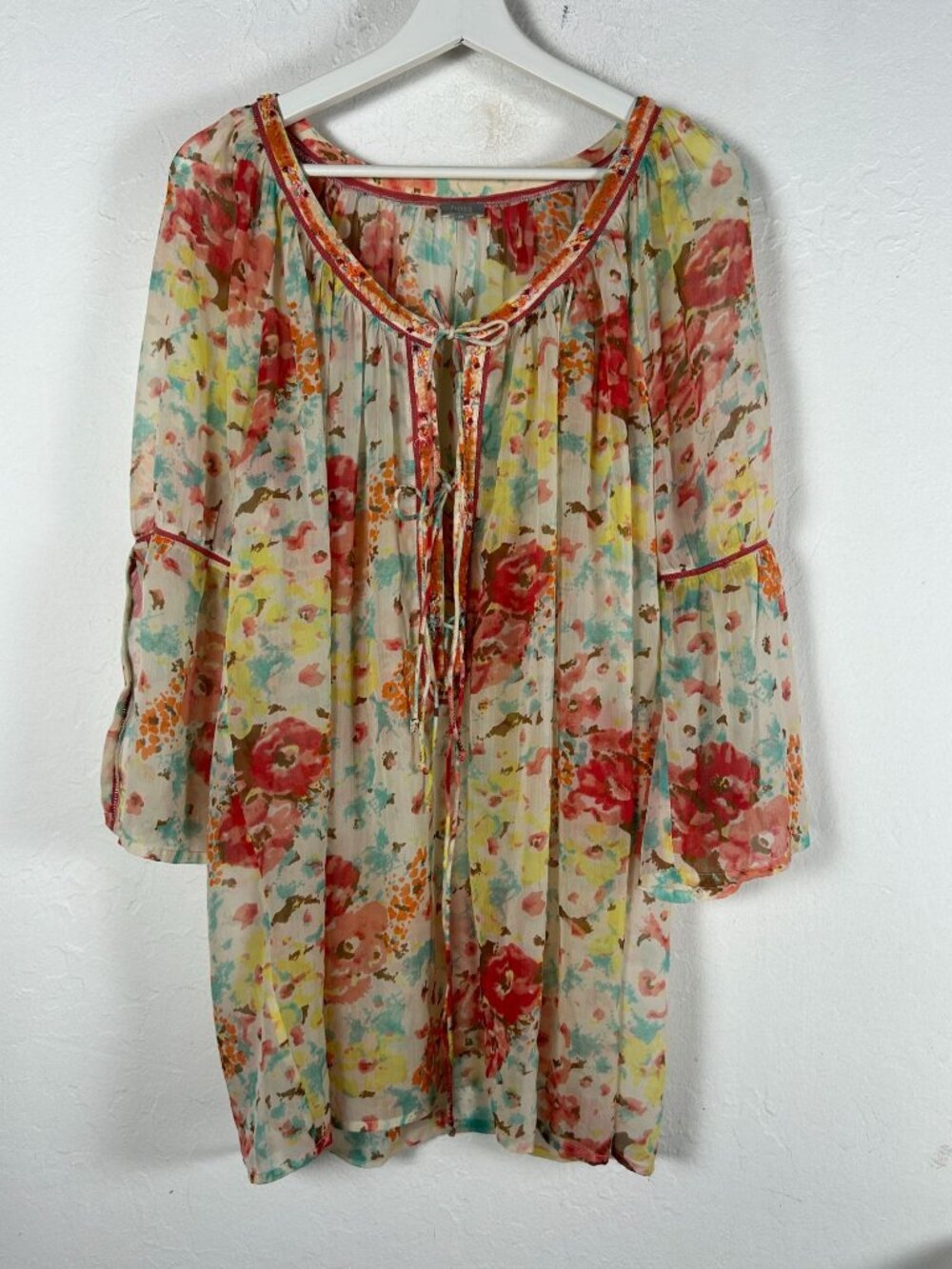 Hoss Intropia Womens Watercolor Floral Chiffon Tunic Blouse Boho Peasant Size 40